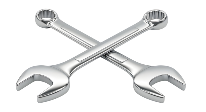 Shiny Chrome Combination Wrenches Crossed Isolated on White Background 3D Render
