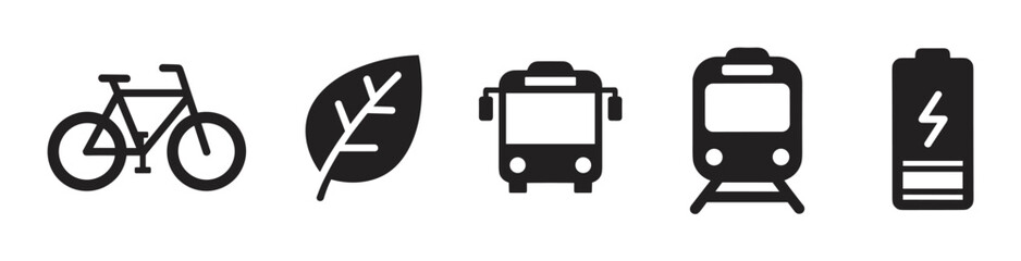 Fototapeta premium Black outline icons depicting a bicycle, a leaf, a bus, a train, and a battery with a lightning bolt, representing transportation and energy concepts.