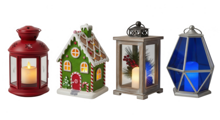 Four decorative christmas lanterns including a gingerbread house and festive illuminated designs, isolated on transparent background