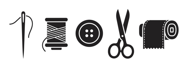 Black silhouette icons of sewing tools including a needle, thread spool, button, scissors, and fabric roll, ideal for tailoring and fashion design concepts.