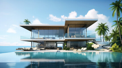 Luxury oceanfront villa with infinity pool offering serene tropical getaway and modern architectural design, perfect for vacation rentals and luxury travel promotions