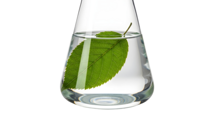 Clear Erlenmeyer Flask with Green Leaf and Water Isolated on White Background for Natural Science