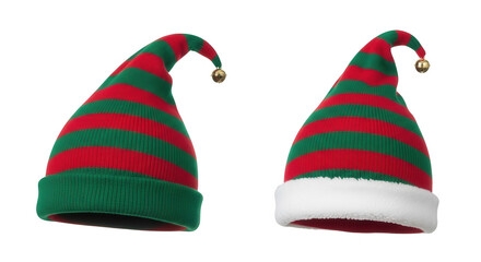 Two elf hats with red and green stripes isolated on transparent background