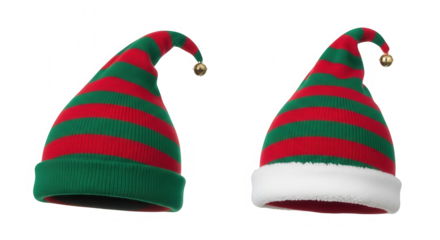 Two elf hats with red and green stripes isolated on transparent background