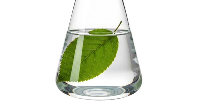 Clear Erlenmeyer Flask with Green Leaf and Water Isolated on White Background for Natural Science