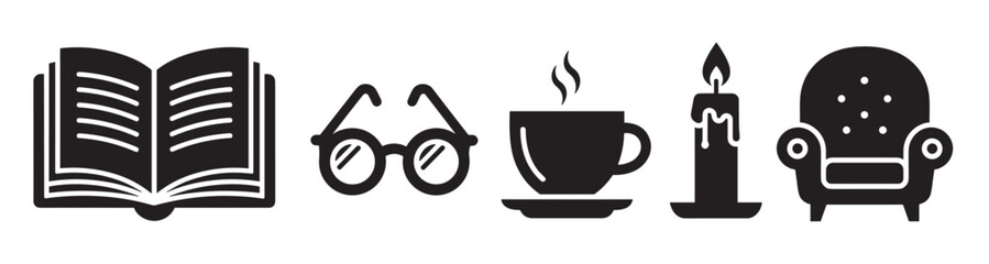 Black silhouettes of an open book, eyeglasses, steaming coffee cup, lit candle, and upholstered armchair arranged in a horizontal sequence.