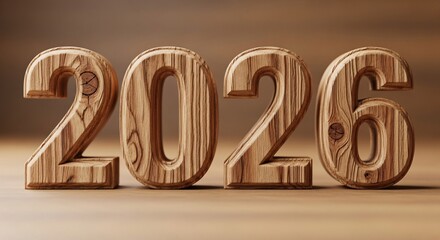 Wooden 2026 year numbers on brown background for planning concept