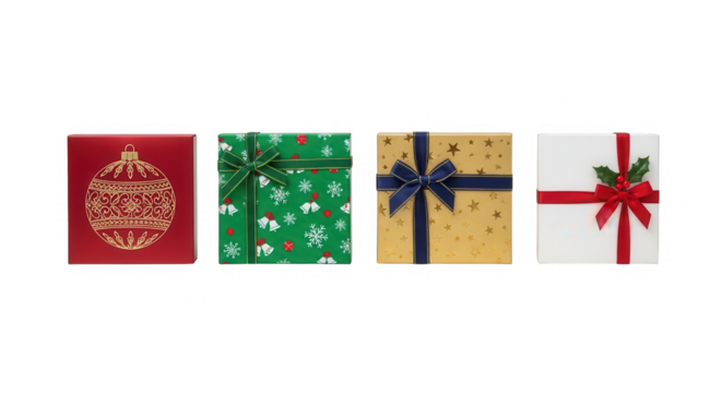 Four christmas gift boxes with different festive designs, isolated on transparent background