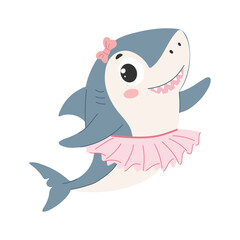 A cute animal is doing ballet. Cute little shark in a pink tutu. Vector illustration.