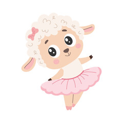 A cute animal is doing ballet. Cute little lamb ballerina in pink tutu vector illustration