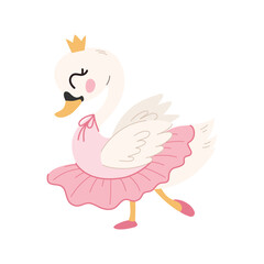 A cute animal is doing ballet. Cute swan in a pink tutu. Vector illustration.