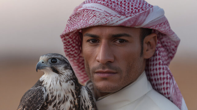Portrait of an arab man with a falcon in the desert