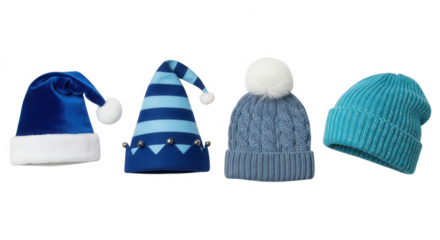 Collection of four festive winter hats, including a santa hat, elf hat, and beanies, isolated on transparent background