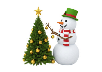 Festive Fun: Cheerful Snowman Decorating a Beautiful Christmas Tree with Golden Baubles