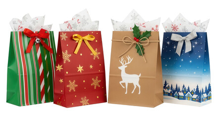 Four assorted christmas gift bags with tissue paper isolated on transparent background