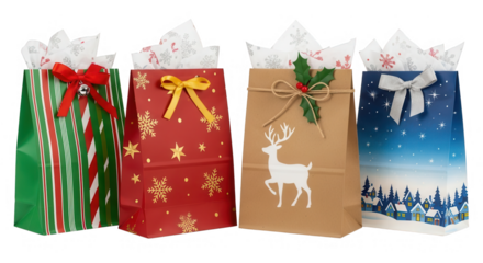 Four assorted christmas gift bags with tissue paper isolated on transparent background