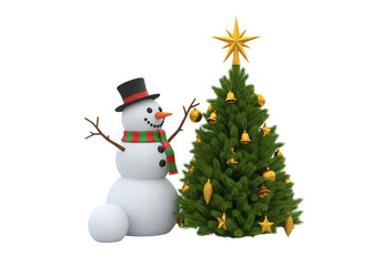 Cheerful Christmas Snowman and Decorated Tree Isolated on White Background