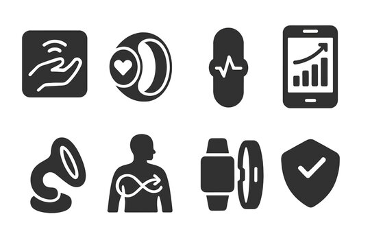 Biofeedback Tools Icons. Solid style icons of hormetic biofeedback tools: stress sensor glyph, HRV monitor ring, skin response