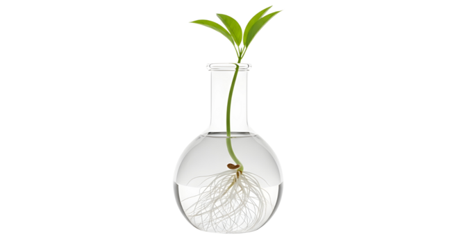 Young Green Plant Seedling with Roots Growing in Clear Glass Laboratory Flask Isolated on White