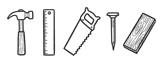 Fototapeta premium Black outline icons of a hammer, ruler, saw, nail, and piece of wood, representing essential carpentry tools and woodworking materials.