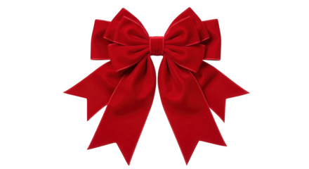 A large, luxurious red velvet bow with shimmering gold trim, isolated on transparent background