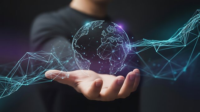 Ai Virtual Technology.Hand holding global network connection. Internet communication, Wireless connection technology. Futuristic technology with polygonal shapes.