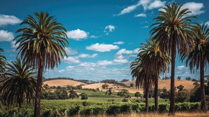 Fototapeta premium Winery Palm Trees. A Cinematic View of Barossa Valley, Australia Through Palm Trees
