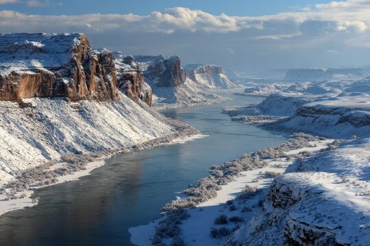 Winter at Snake River Canyon, Idaho. Stunning Deep Water in Snowy Landscape