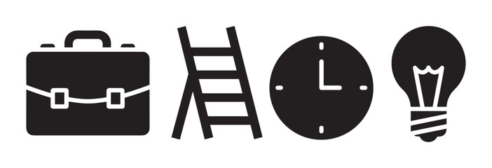Black silhouette icons of a briefcase, ladder, clock, and light bulb, representing business, progress, time management, and ideas.