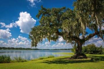Winter Haven Florida. Beautiful Oak Tree By the Lake at Heritage Park Under Blue Skies