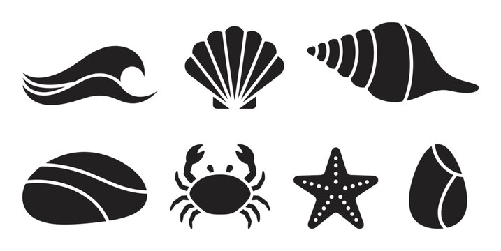 Black icons of beach waves, a scallop shell, conch shell, pebble, crab, starfish, and a sea rock on a white background.