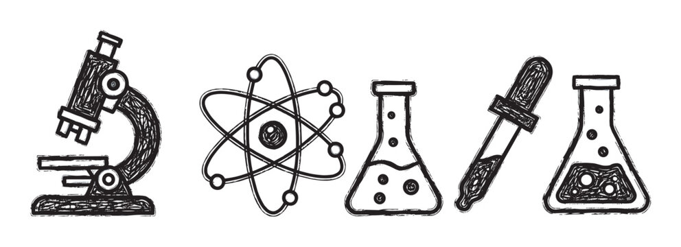 Hand-drawn sketch of a microscope, atom model, two chemistry flasks, and a dropper arranged in a row, symbolizing scientific research and experimentation.