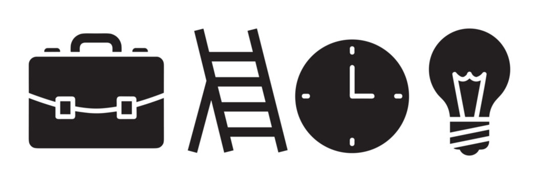 Black silhouette icons of a briefcase, ladder, clock, and light bulb, representing business, progress, time management, and ideas.