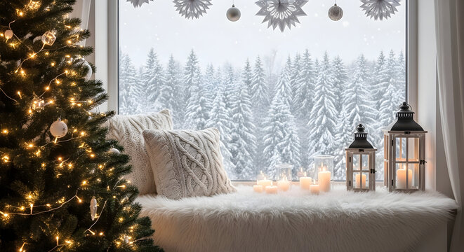 Cozy winter window scene with Christmas tree, lanterns, and snow-covered forest outside