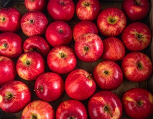 Top view of beautiful red apples placed closely on a tray, highlighting their vibrant color, smooth texture, and fresh, natural appearance.