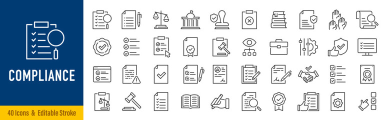 Fototapeta na wymiar Compliance web icons in line style. Regulations, policy, legal document, quality control, responsibility, law. Editable stroke. Vector illustration.