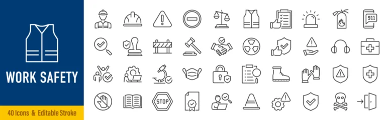 Fotobehang Sportwinkel Work Safety web icons in line style. Protection, risk management, workplace security, insurance, health, hazard, helmet. Editable stroke. Vector illustration.  © iiierlok_xolms