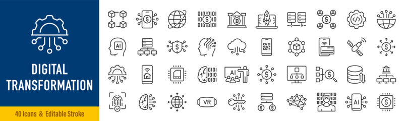 Digital Transformation web icons in line style. Ai, innovation, technology, internet, digitalization, software, automation. Editable stroke. Vector illustration.