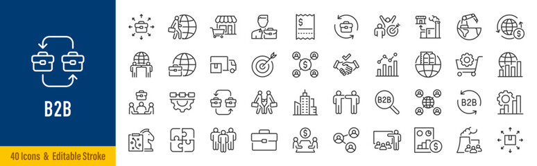 Fototapeta na wymiar B2B web icons in line style. Business to business, partnership, enterprise, supply chain, growth, agreement, strategy, trade. Editable stroke. Vector illustration.