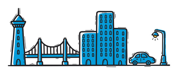 Obraz premium Blue outlined urban skyline with a bridge, tall buildings, a tower, and a street lamp with a small car parked underneath.