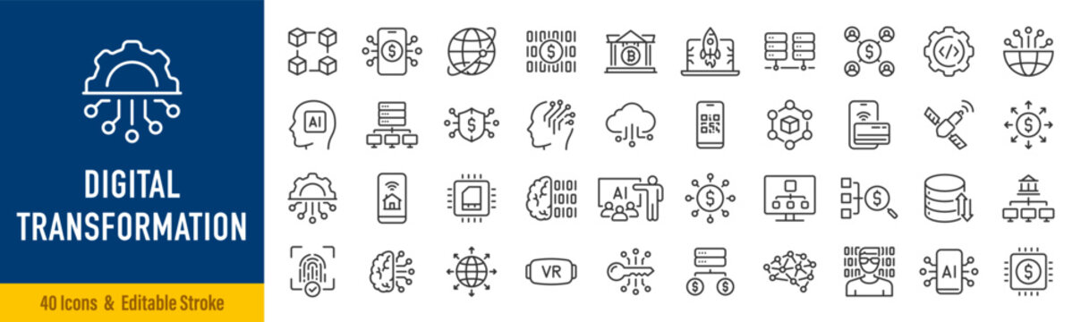 Digital Transformation web icons in line style. Ai, innovation, technology, internet, digitalization, software, automation. Editable stroke. Vector illustration.