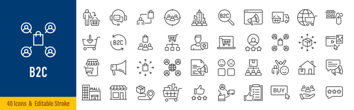B2C web icons in line style. Business to consumer, sales, delivery, e-commerce, store, shopping, website, customer, supply chain, social media, support . Editable stroke. Vector illustration.