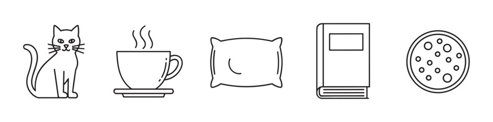 Obraz premium Black outline vector icons of a cat, steaming cup of coffee, pillow, book, and pizza slice arranged in a row.