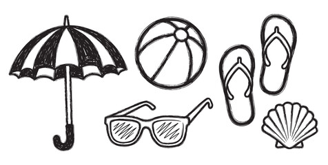 Fototapeta premium Hand-drawn black outline illustration of beach items including an umbrella, ball, flip-flops, sunglasses, and a sea shell.