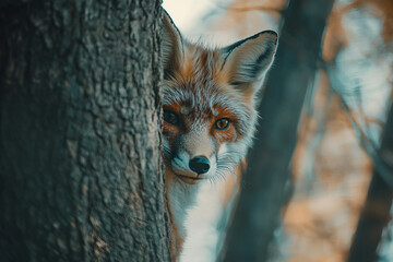 Fototapeta premium Generative AI image of curious wild red fox peeking from behind tree trunk in green summer forest with soft natural lighting