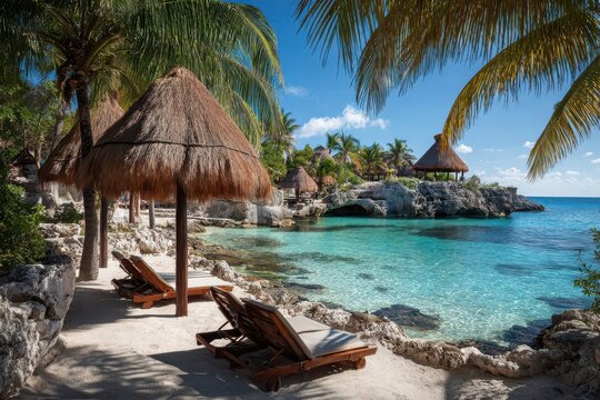 Xcaret Mexico: Tropical Paradise Beach with Sun Beds under Palm Trees in Luxury Vacation Destination