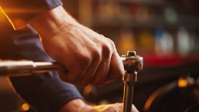 Close up of hands using a socket wrench in a dimly lit workshop area video 4k
