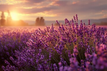 Fototapeta premium Young Living Essential Oil. Organic Lavender Field at Sunset in Nature