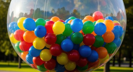 Large clear container filled with colorful balloons