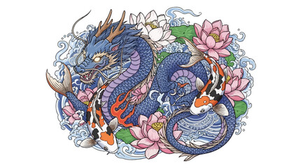 Illustrative depiction of a celestial blue dragon surrounded by koi fish and lotus blossoms